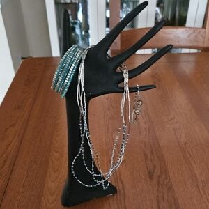 Southwestern Silver and Turquoise Blue Beaded & Leather 3 Piece Jewelry Set